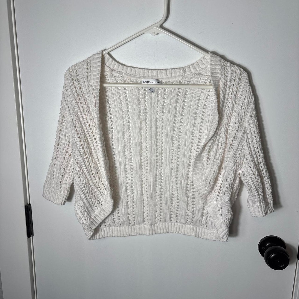 Croft & Barrow XL White Cropped Knit Shrug Boho Cottagecore Sweater Grandma